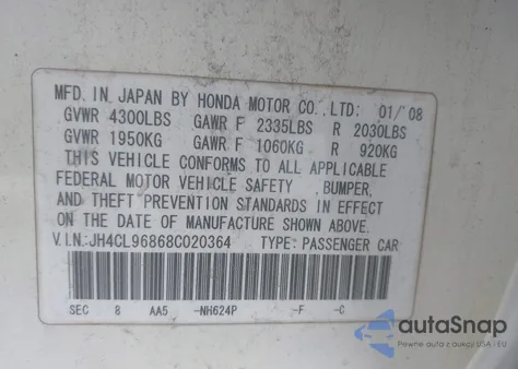 2008 Acura Tsx z USA, uszkodzony, nr VIN JH4CL96868C020364